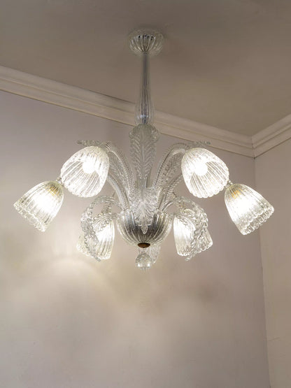 Lampadario antico in vetro di Murano a sei luci con dodici foglie.| Lo Stile Italiano