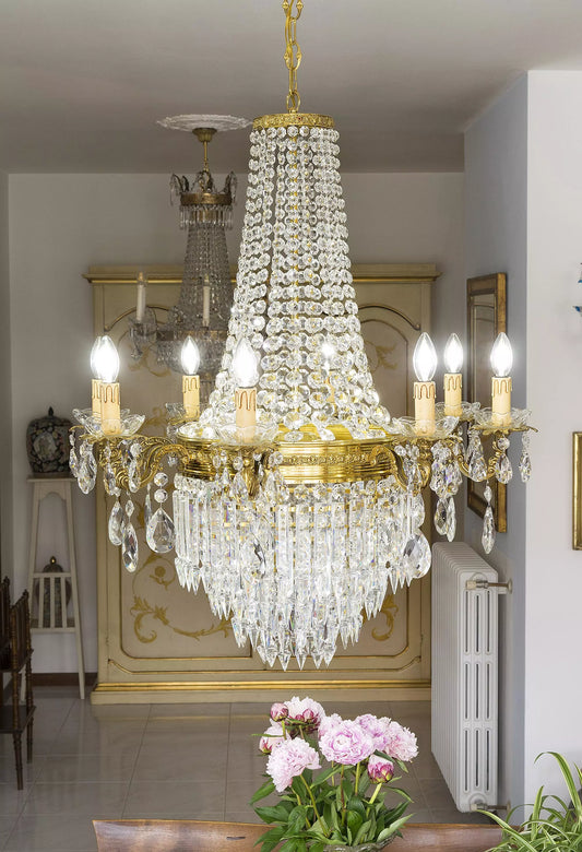 Large Vintage Empire-Style Crystal Chandelier with 12 Lights