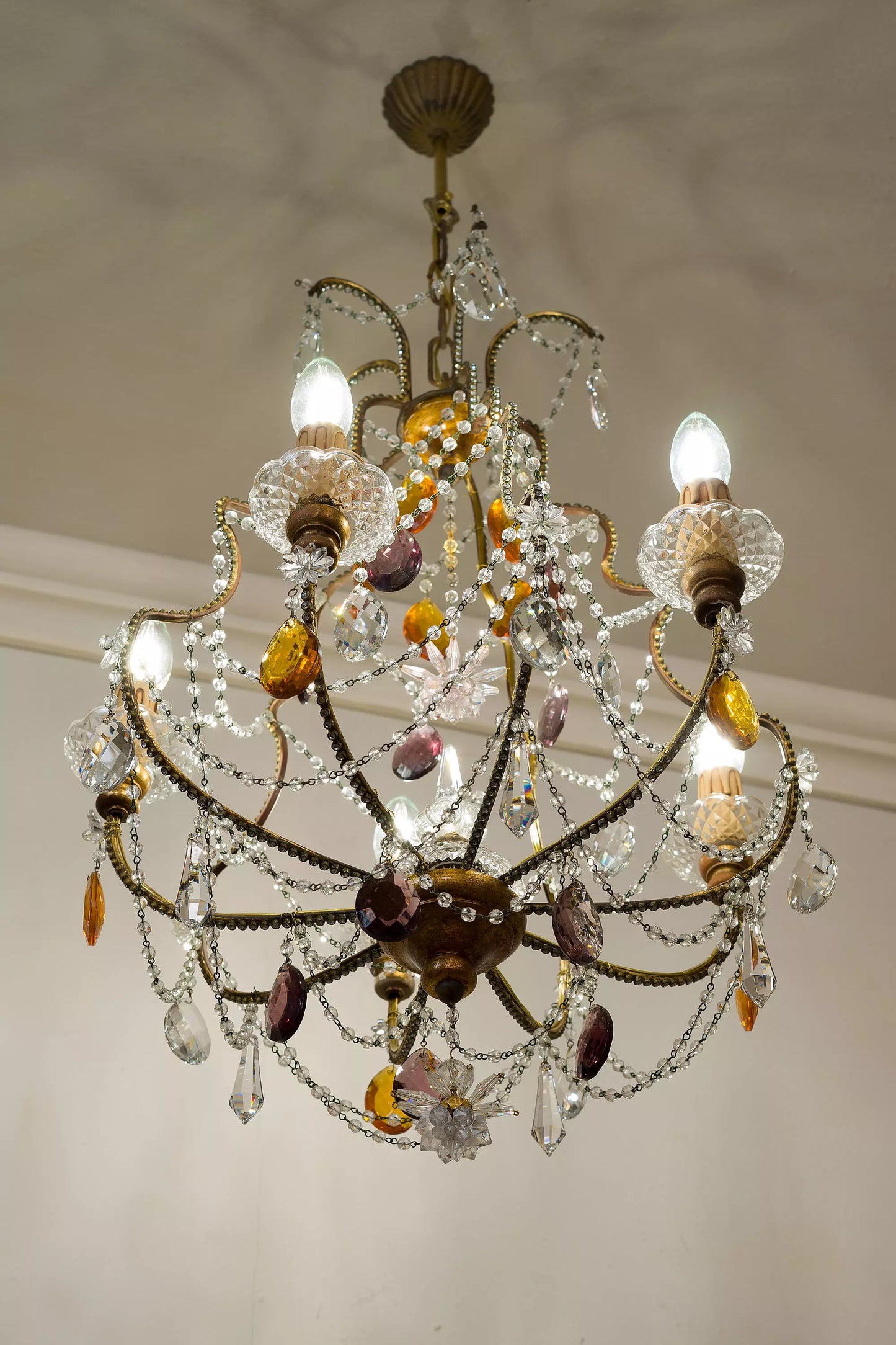 Vintage Chandelier with Hanging Colored Drops - 5 Lights