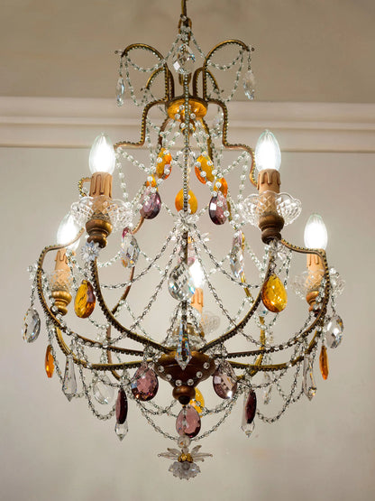 Lampadario fiorentino in ferro dorato con gocce ambra e ametista | Lo-Stile-Italiano