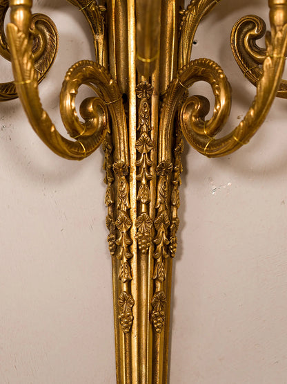 Louis XVI style brass wall sconces, five‐light each, mid-century restored pair | Lo-Stile-Italiano