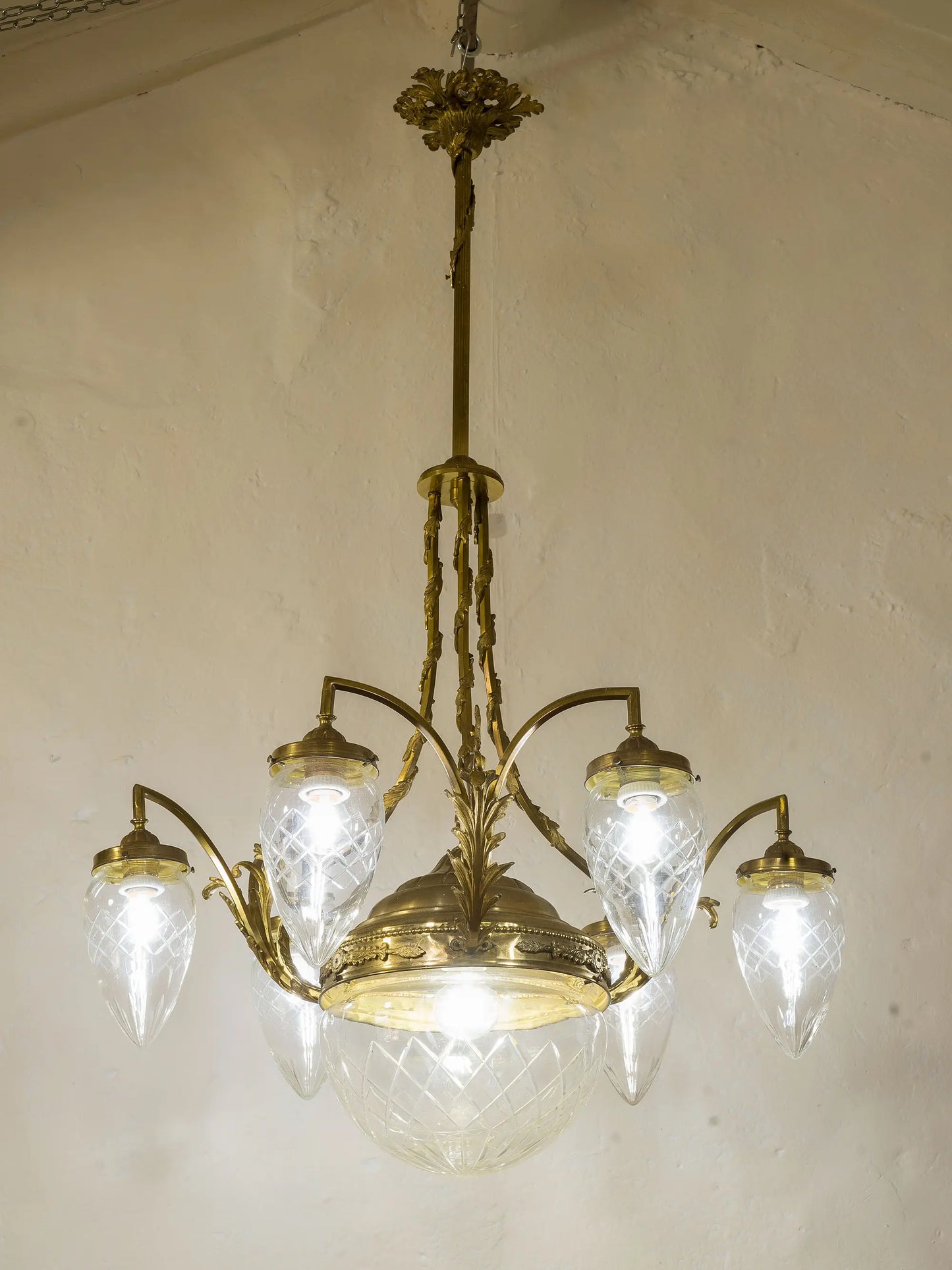 Antico Lampadario Art Nouveau in ottone e cristallo, 9 luci - Italia 1920 | Lo Stile Italiano