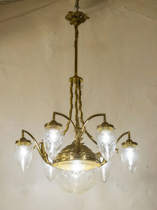 Antico Lampadario Art Nouveau in ottone e cristallo, 9 luci - Italia 1920 | Lo Stile Italiano