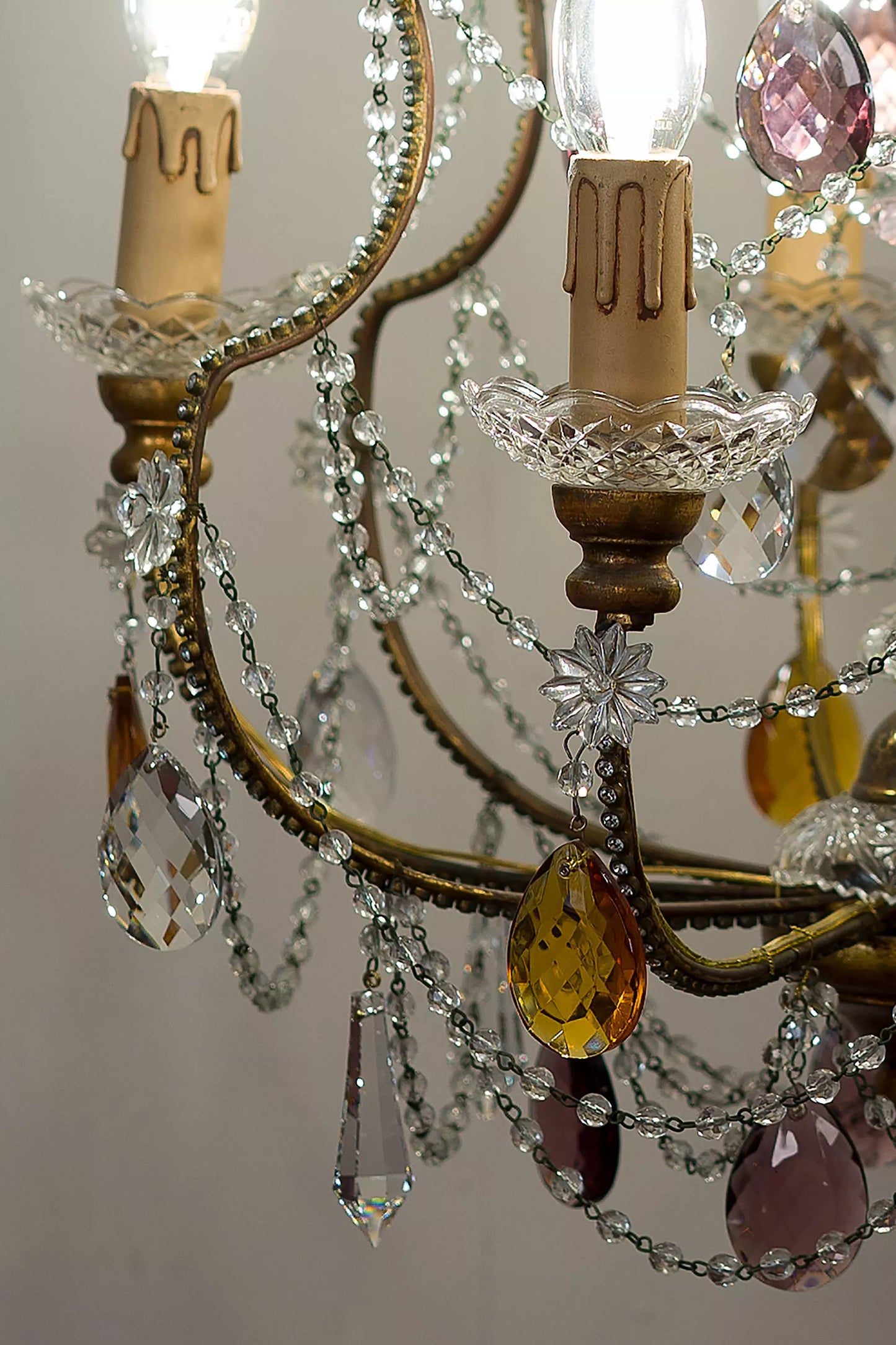 Vintage Chandelier with Hanging Colored Drops - 5 Lights