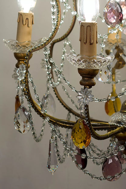 Vintage Chandelier with Hanging Colored Drops - 5 Lights