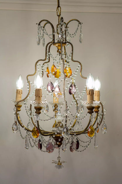 Vintage Chandelier with Hanging Colored Drops - 5 Lights