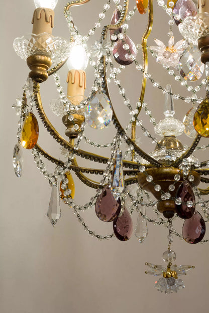 Vintage Chandelier with Hanging Colored Drops - 5 Lights