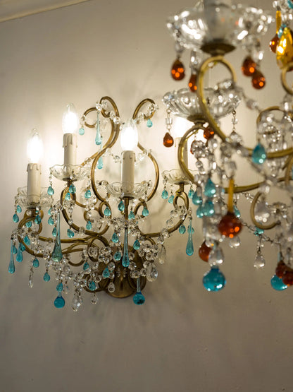 Lampada a muro vintage di cristallo e vetro soffiato di Murano-Lo Stile Italiano