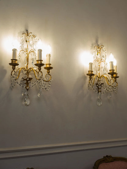 Coppia di applique fiorentine con cristalli molati a tre luci | Lo Stile Italiano