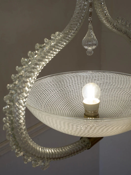 Lampadario vintage veneziano con grande coppa centrale in vetro reticello | Lo Stile Italiano