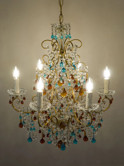 Lampadario Fiorentino Vintage anni ’60 con pendenti in vetro di Murano colorato | Lo Stile Italiano