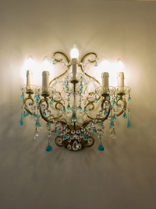 Vintage Florentine applique in gilded iron with turquoise drops in Murano glass and crystal pendants – Lo Stile Italiano