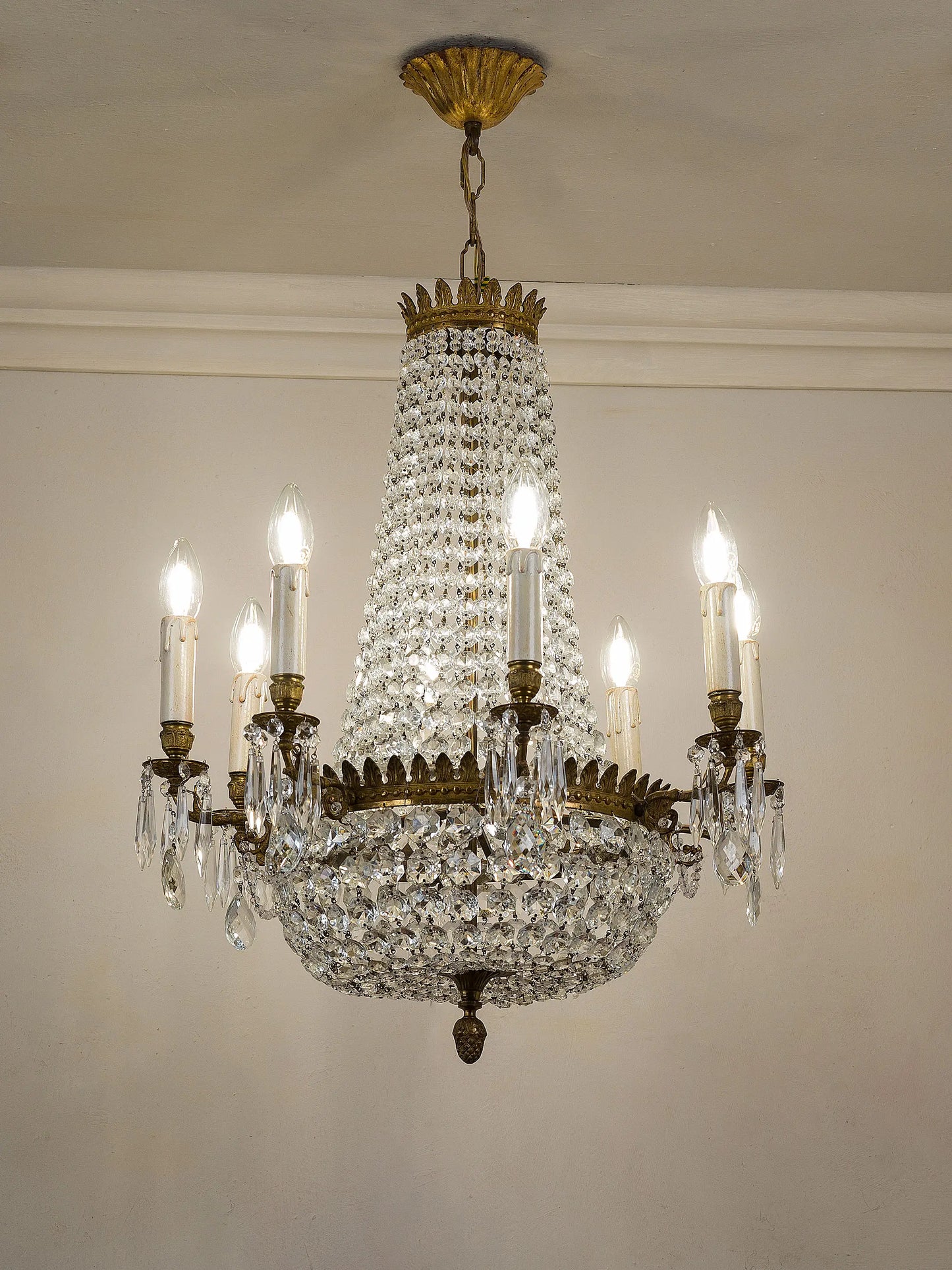 Empire-style balloon chandelier in crystal and brass, Italy 1940s. | Lo Stile Italiano