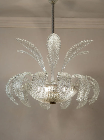 Lampadario Ercole Barovier in vetro di Murano trasparente con grandi foglie decorative | Lo Stile Italiano
