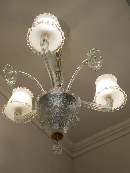 Lampadario Murano vintage tre luci con vetro soffiato e fiori trasparenti | Lo Stile Italiano 