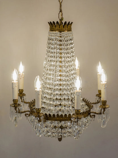 Antique chandelier from the first half of the Italian twentieth century in crystal, glass, and brass. | Lo Stile Italiano