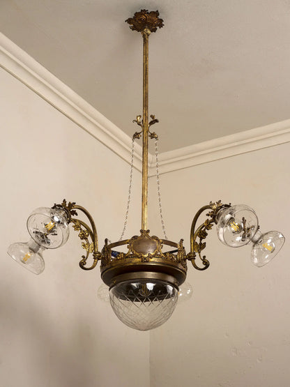 Italian chandelier from the 1920s with Art Nouveau influences and early Art Déco touches, fully restored and rewired. | Lo Stile Italiano