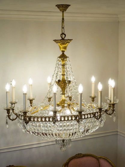 Grande Lampadario Stile Impero a Mongolfiera in Ottone e Cristallo di Boemia, Italia Anni ’40 | Lo Stile Italiano