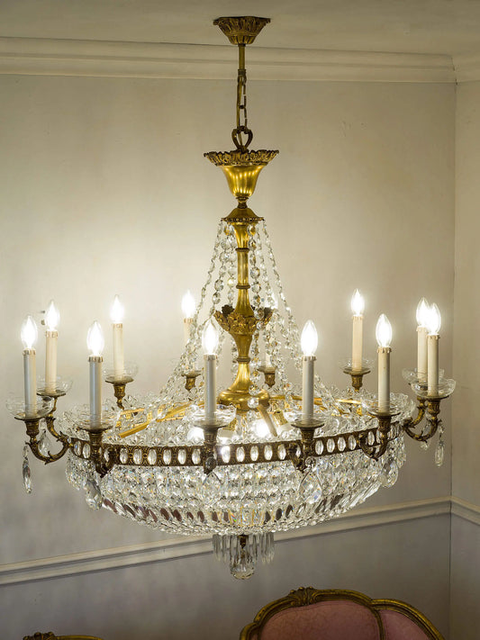 Grande Lampadario Stile Impero a Mongolfiera in Ottone e Cristallo di Boemia, Italia Anni ’40 | Lo Stile Italiano