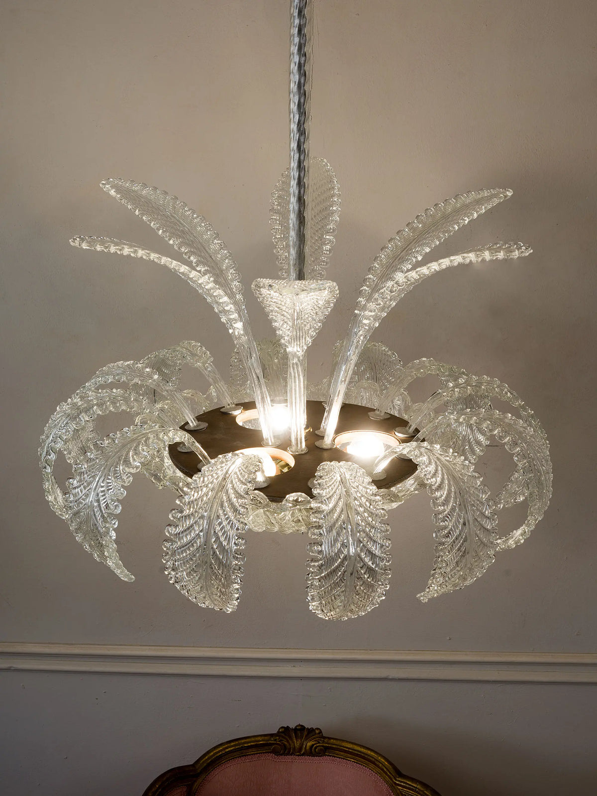 Lampadario vintage Barovier e Toso con foglie in vetro trasparente | Lo Stile Italiano