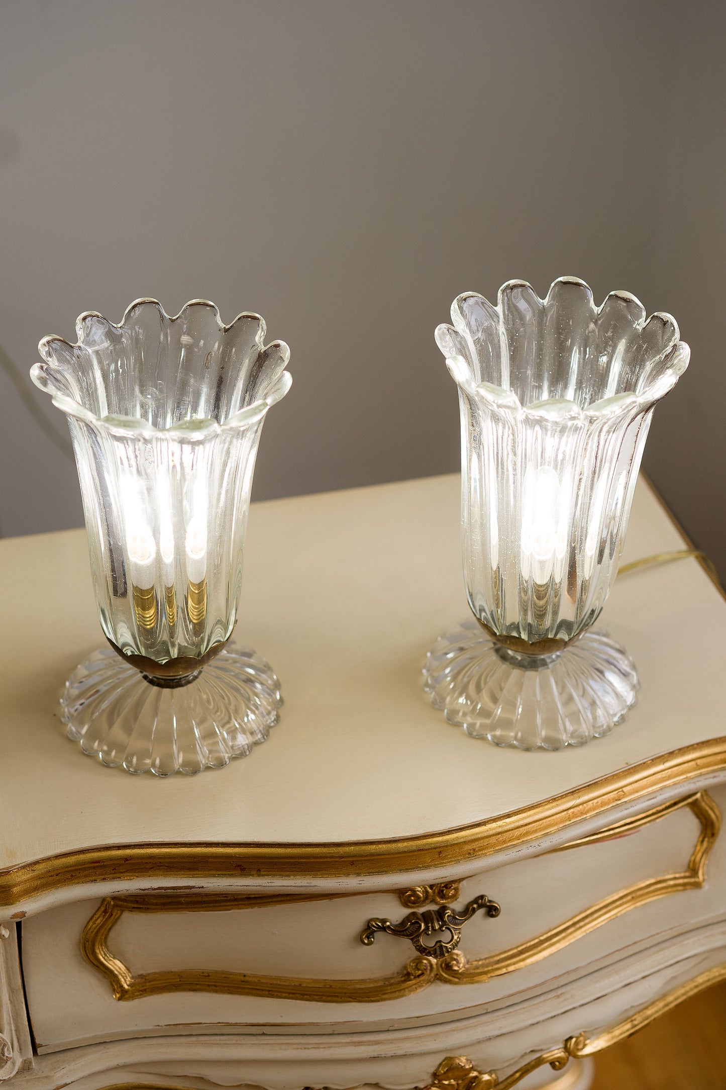 Coppia di Abat-jour Barovier in vetro di Murano anni '40- Lampade da tavolo-Lo Stile Italiano
