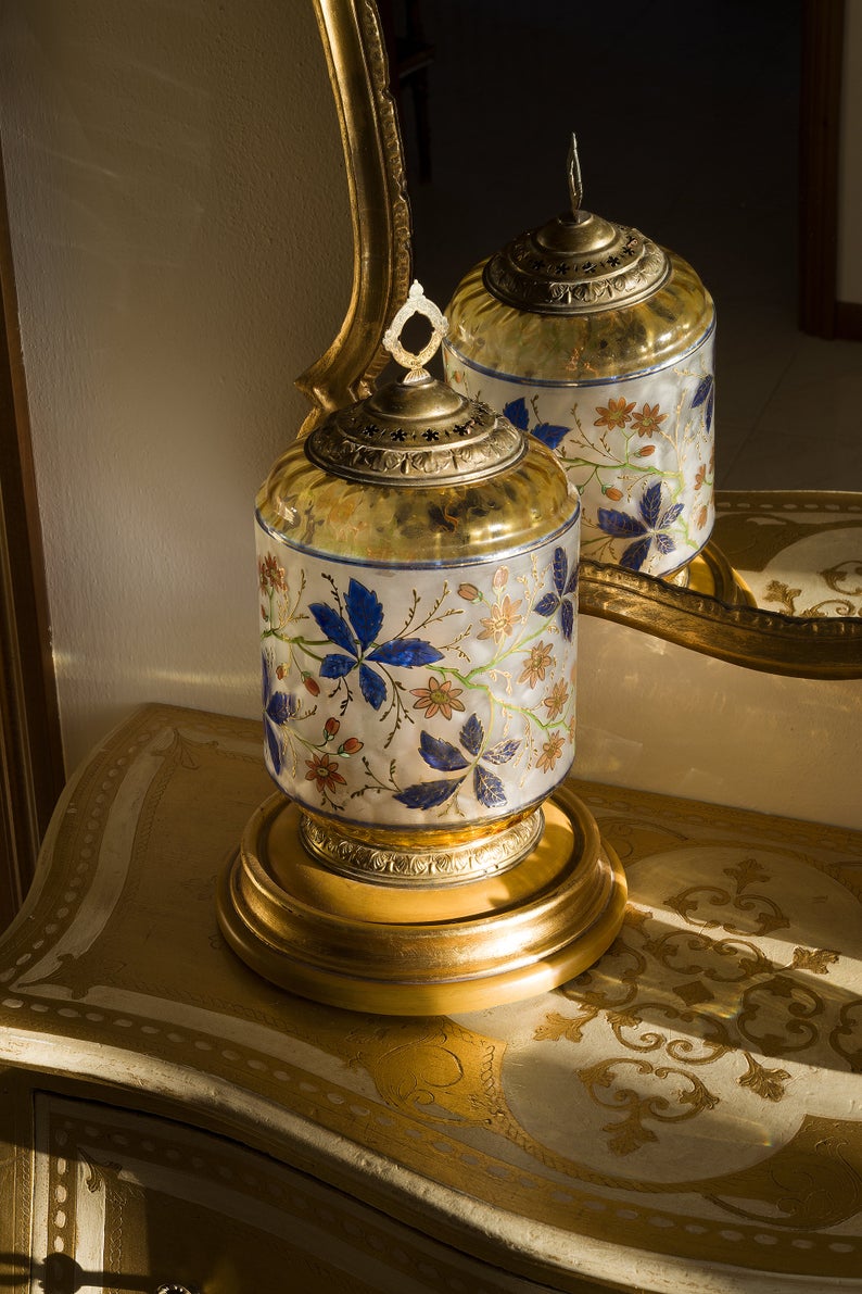 Antica Lampada da Tavolo in vetro soffiato e oro a rilievo, 1 luce E27-Lo Stile Italiano 