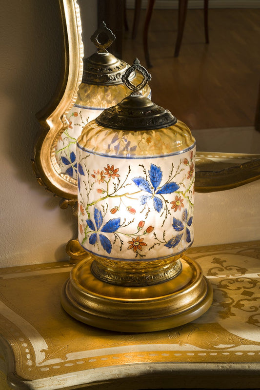 Antica Lampada da Tavolo, Decori Floreali Oro Zecchino, Primi Anni 1900, Lo Stile Italiano