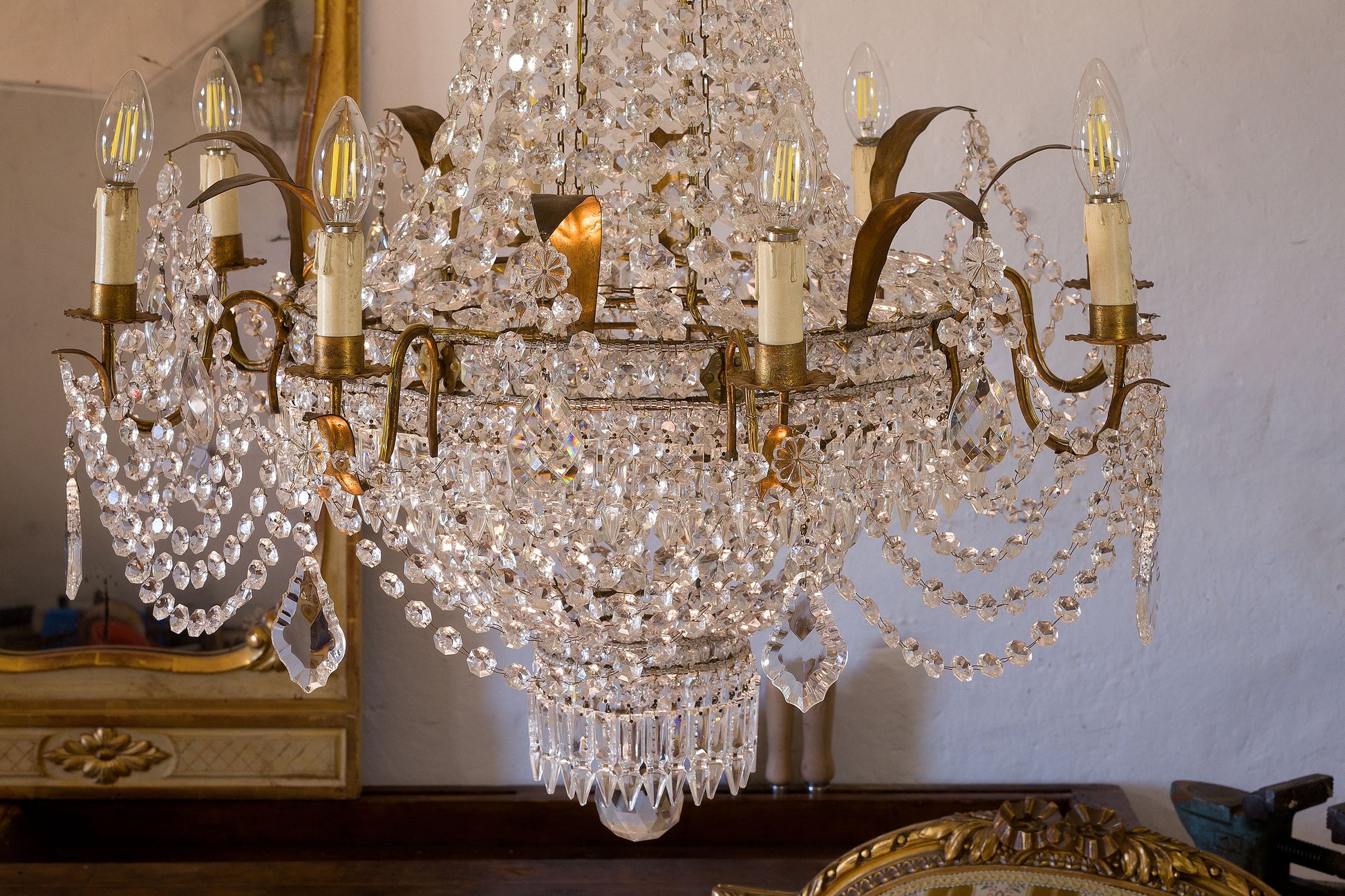 Lampadario Impero antico in cristallo e ferro dorato-Lo Stile Italiano