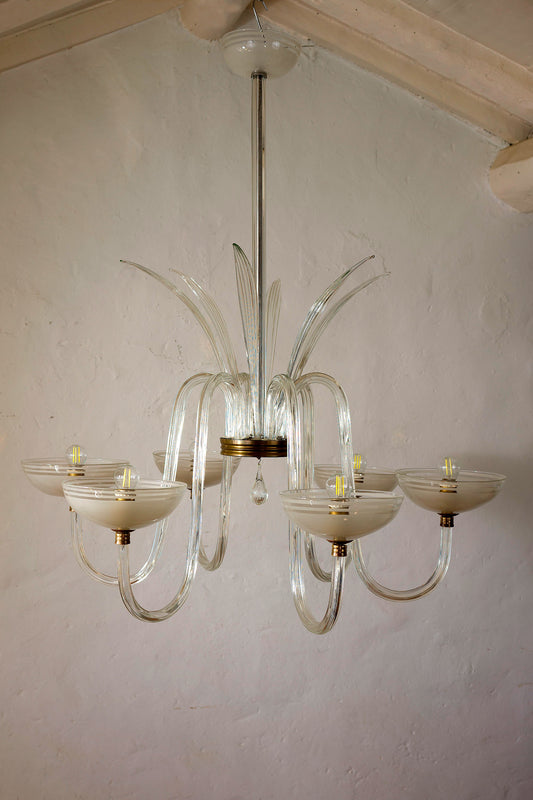 Grande lampadario Seguso in vetro di Murano, anni '30, Art Deco -Lo Stile Italiano
