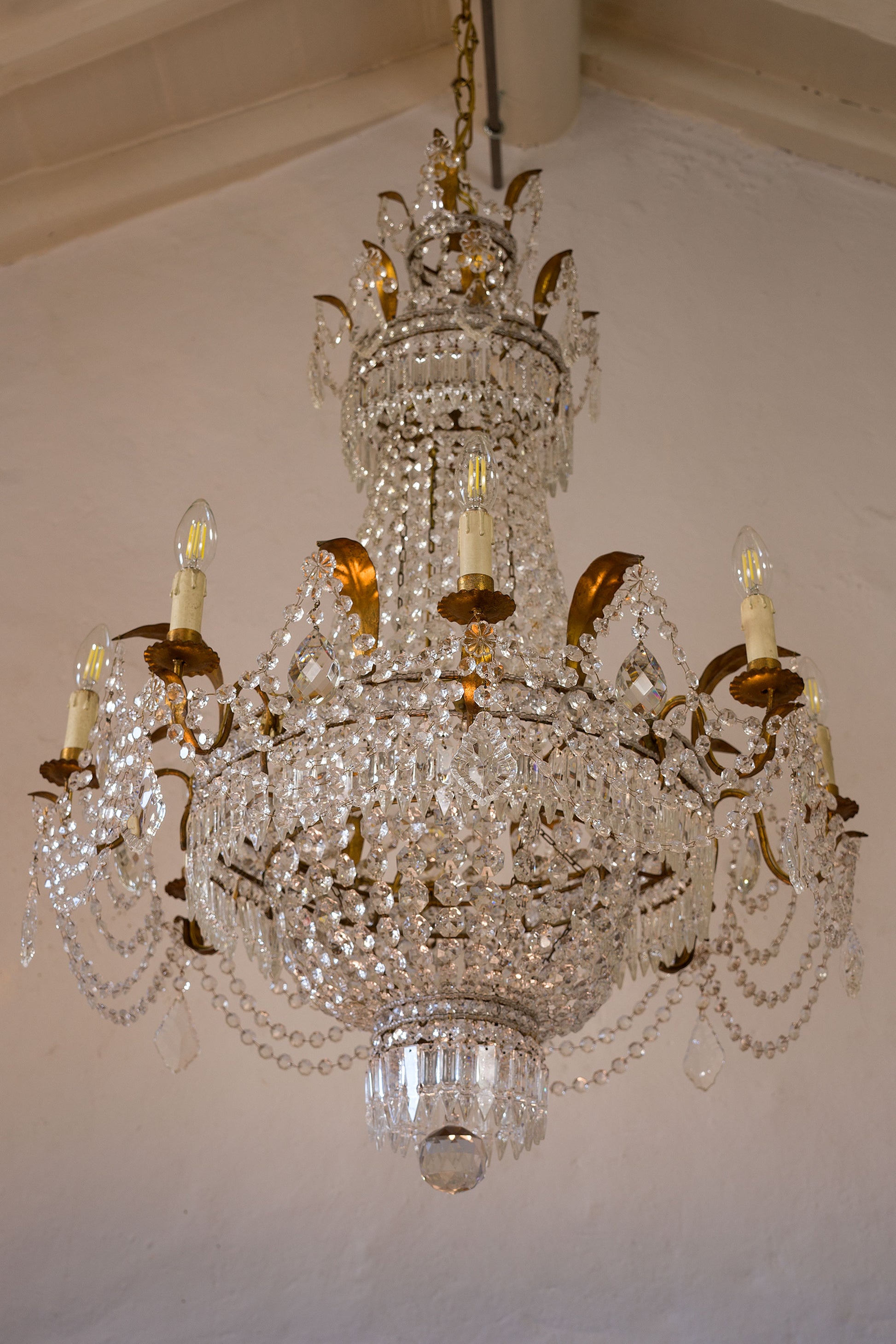 Lampadario Liberty Antico Anni '30, con Cristalli Pendenti, 8 luci, Vintage-Lo Stile Italiano