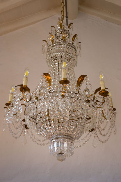 Lampadario Liberty Antico Anni '30, con Cristalli Pendenti, 8 luci, Vintage-Lo Stile Italiano