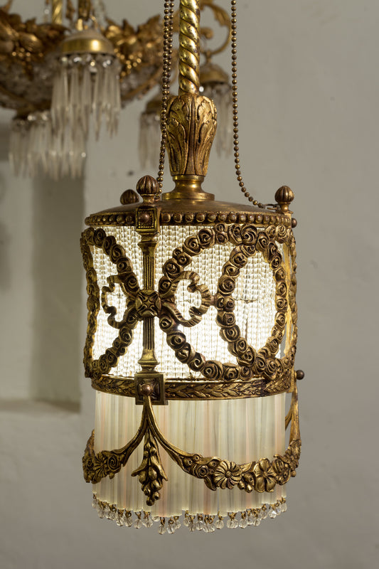 Liberty chandelier (Art Nouveau) in brass and Murano glass, late 1800s - Lo Stile Italiano