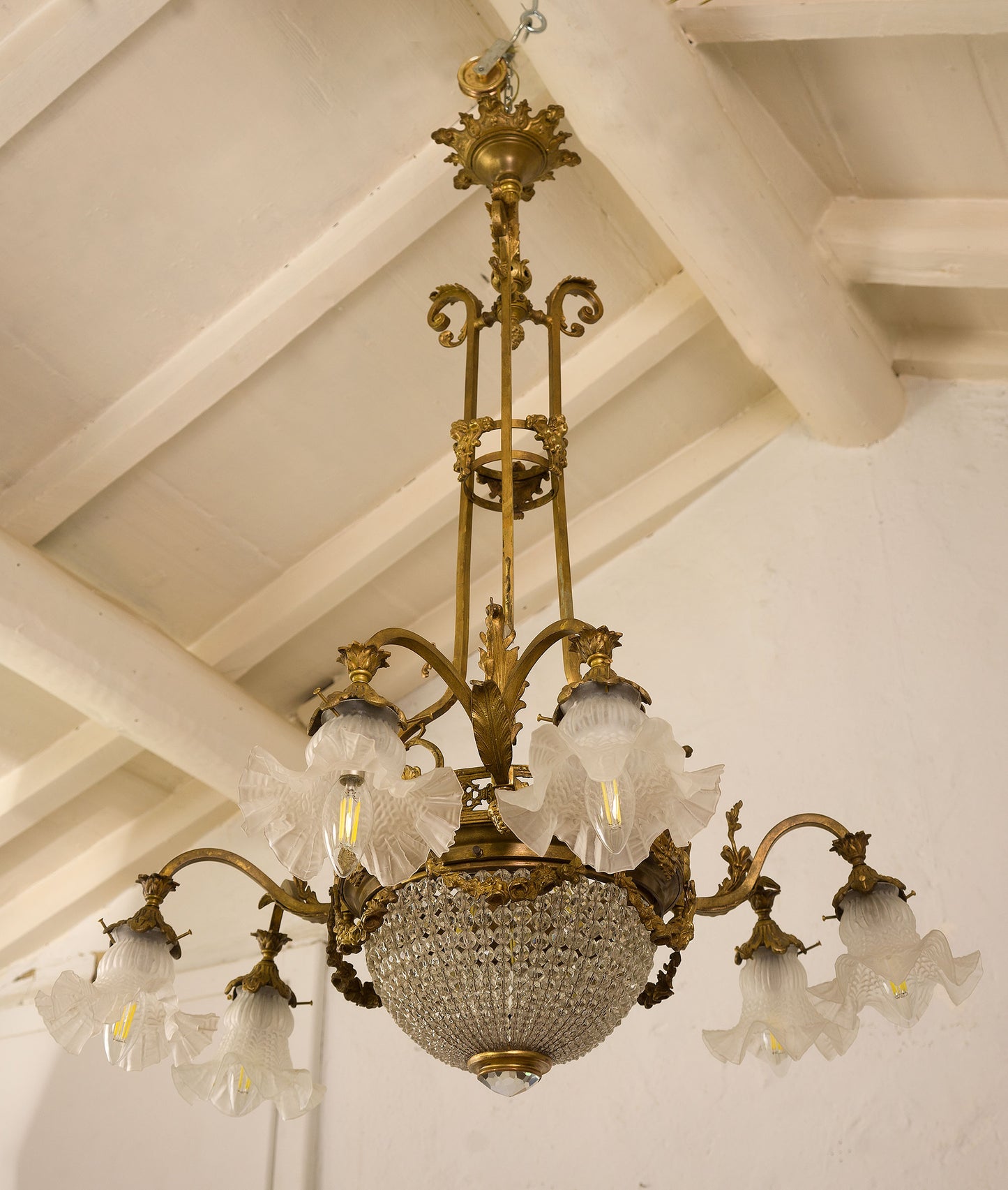 Antico lampadario Liberty (Art Nouveau) in cristallo, 9 luci, Italia 1920-Lo Stile Italiano