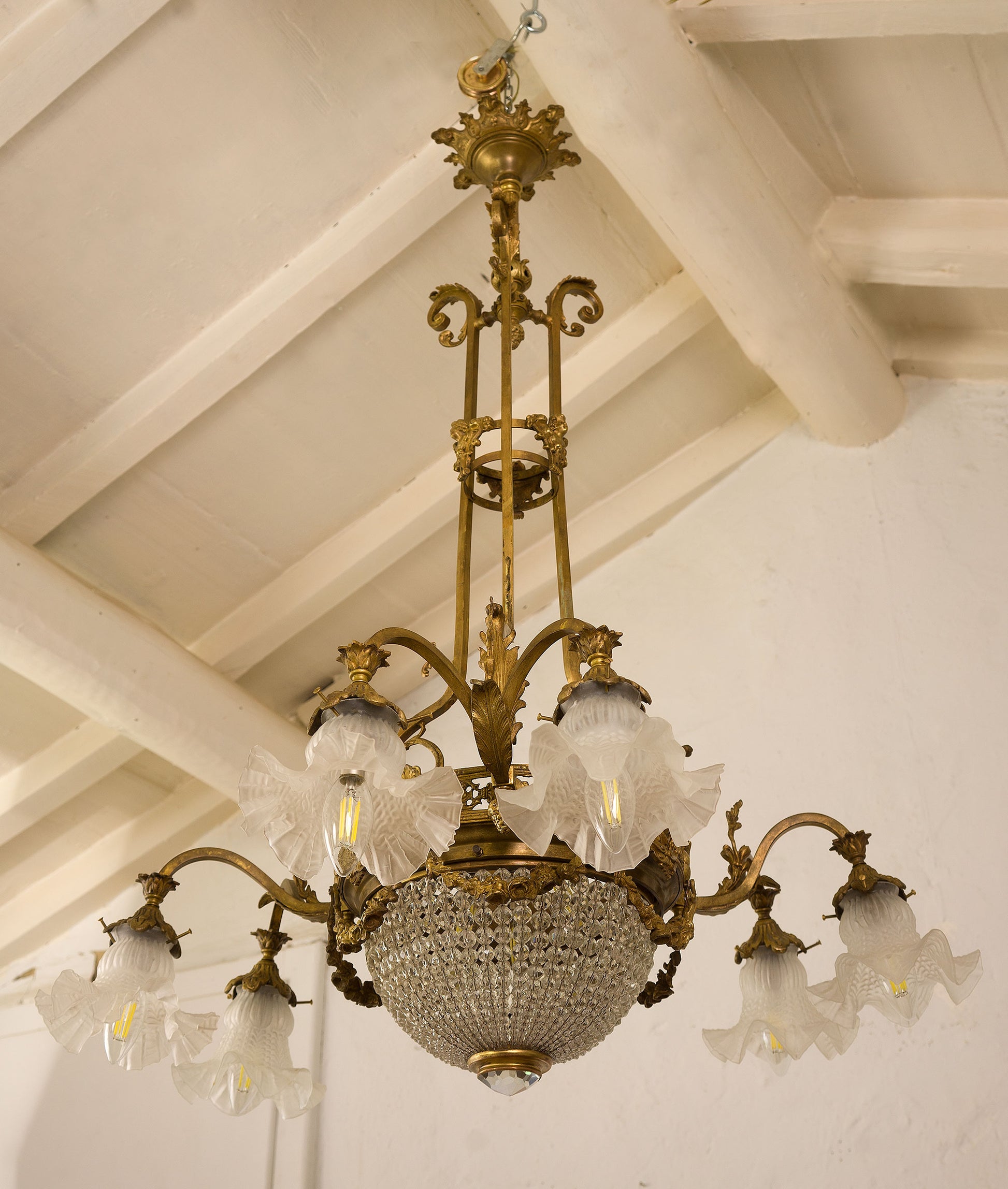Antico lampadario Liberty (Art Nouveau) in cristallo, 9 luci, Italia 1920-Lo Stile Italiano