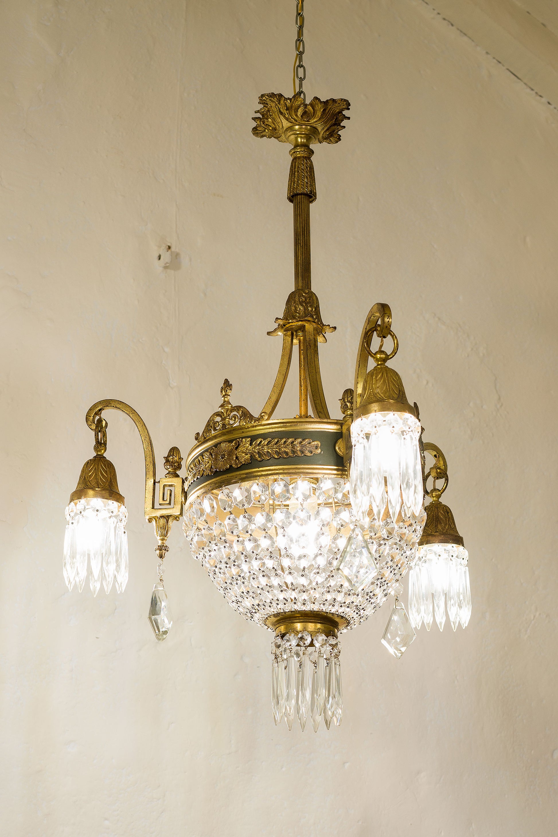 Antico lampadario Impero di cristallo, periodo primi anni del '900, 1 luce.-Lo Stile Italiano