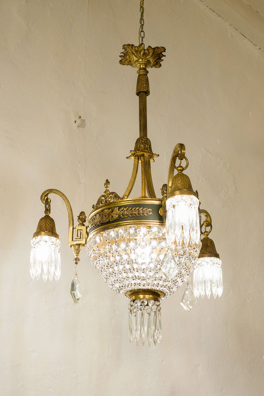 Antico lampadario Impero di cristallo, periodo primi anni del '900, 1 luce.-Lo Stile Italiano