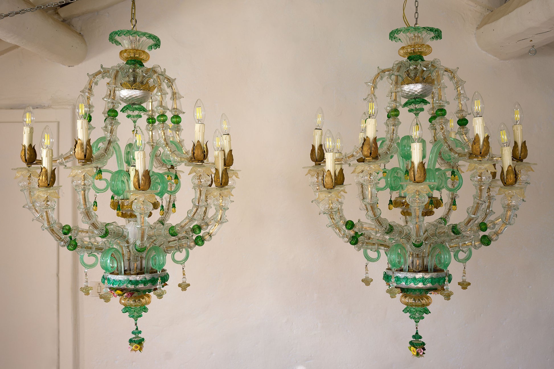 Antica coppia di lampadari di Murano Ca' Rezzonico a 12 luci - Periodo primi '900.| Lo Stile Italiano