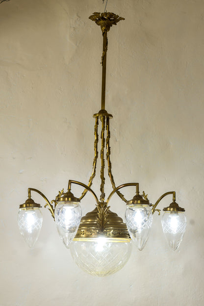 Antico Lampadario Art Nouveau in ottone e cristallo, 9 luci, Italia 1920.-Lo Stile Italiano