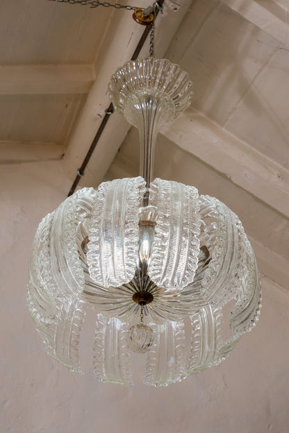 Lampadario in vetro soffiato di Murano, con 12 grandi foglie rivolte verso il basso, 3 luci-Lo Stile Italiano