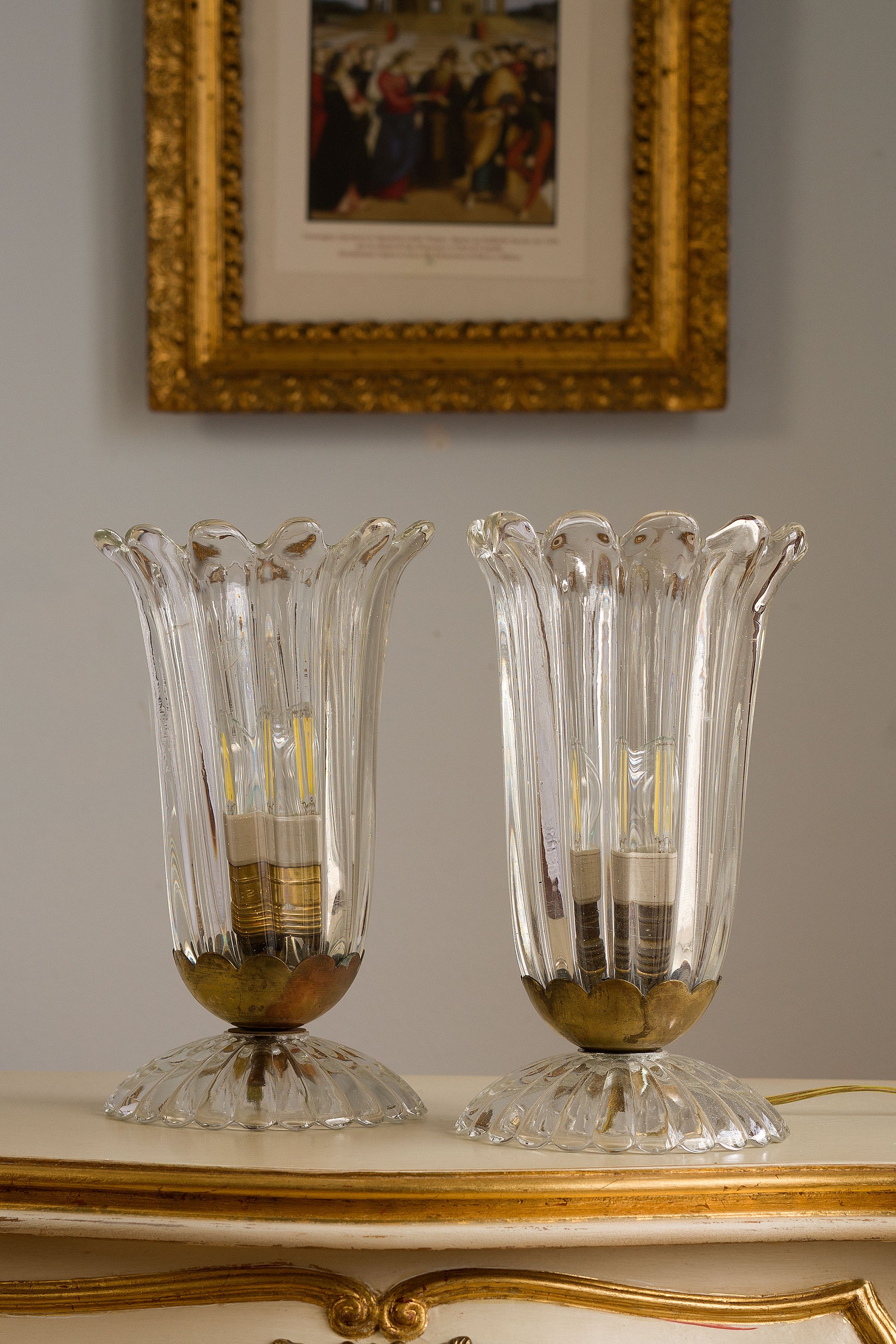 Coppia di lampade da comodino in vetro trasparente di Murano-Lo Stile Italiano