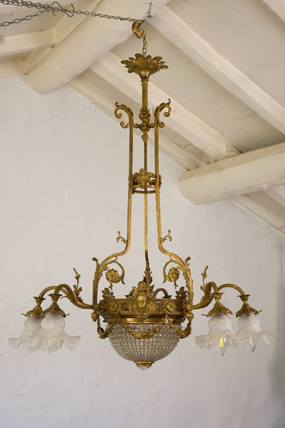 Antico lampadario Liberty (Art Nouveau) in cristallo a 9 luci, Italia 1920-Lo Stile Italiano