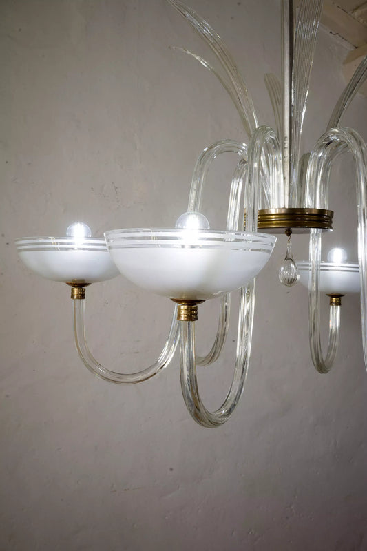Lampadario di Murano composto da 6 lunghi bracci in vetro costolato| Lo Stile Italiano