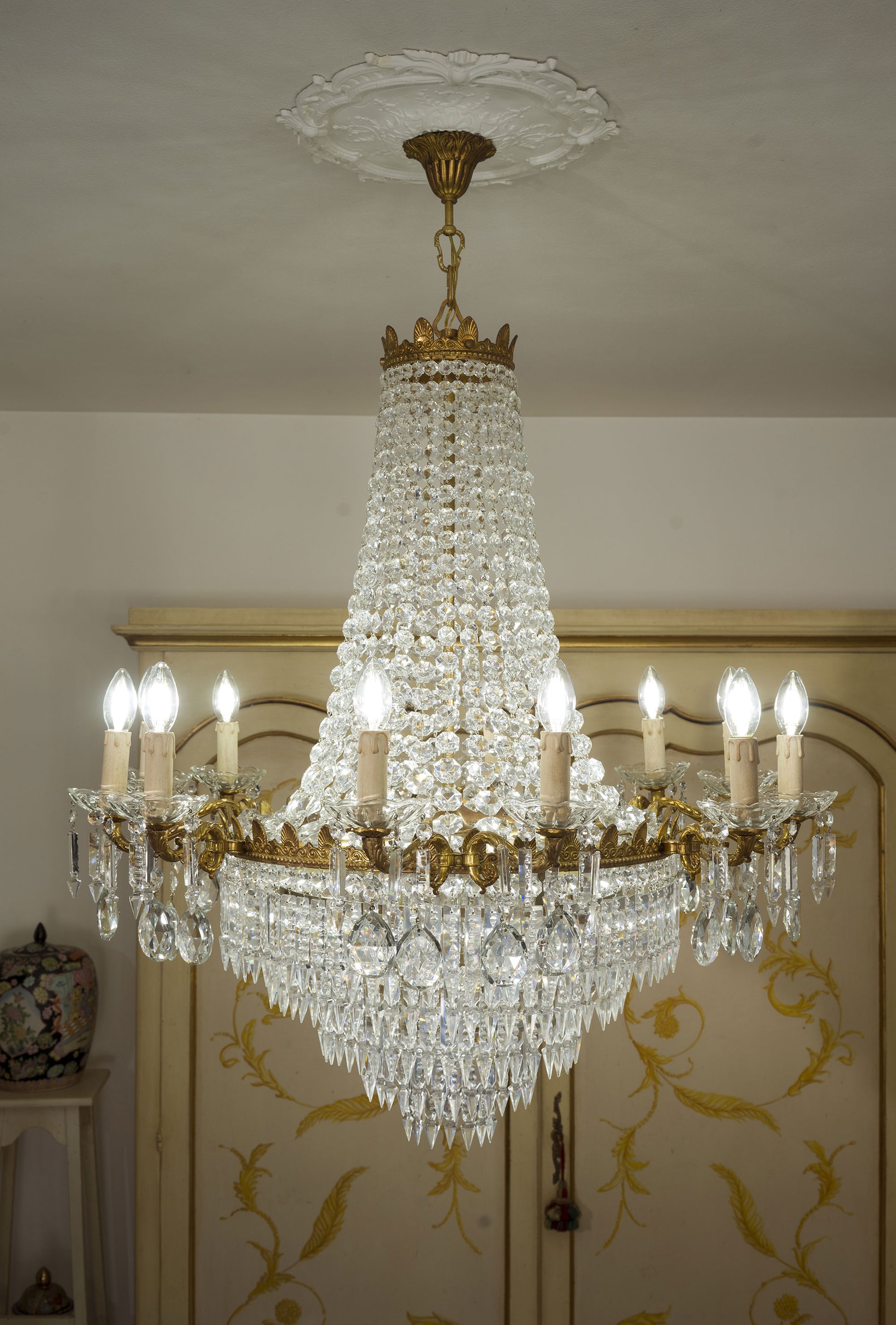Grande lampadario Stile Impero di cristallo, con gocce pendenti, 18 Luci-Lo-stile-Italiano