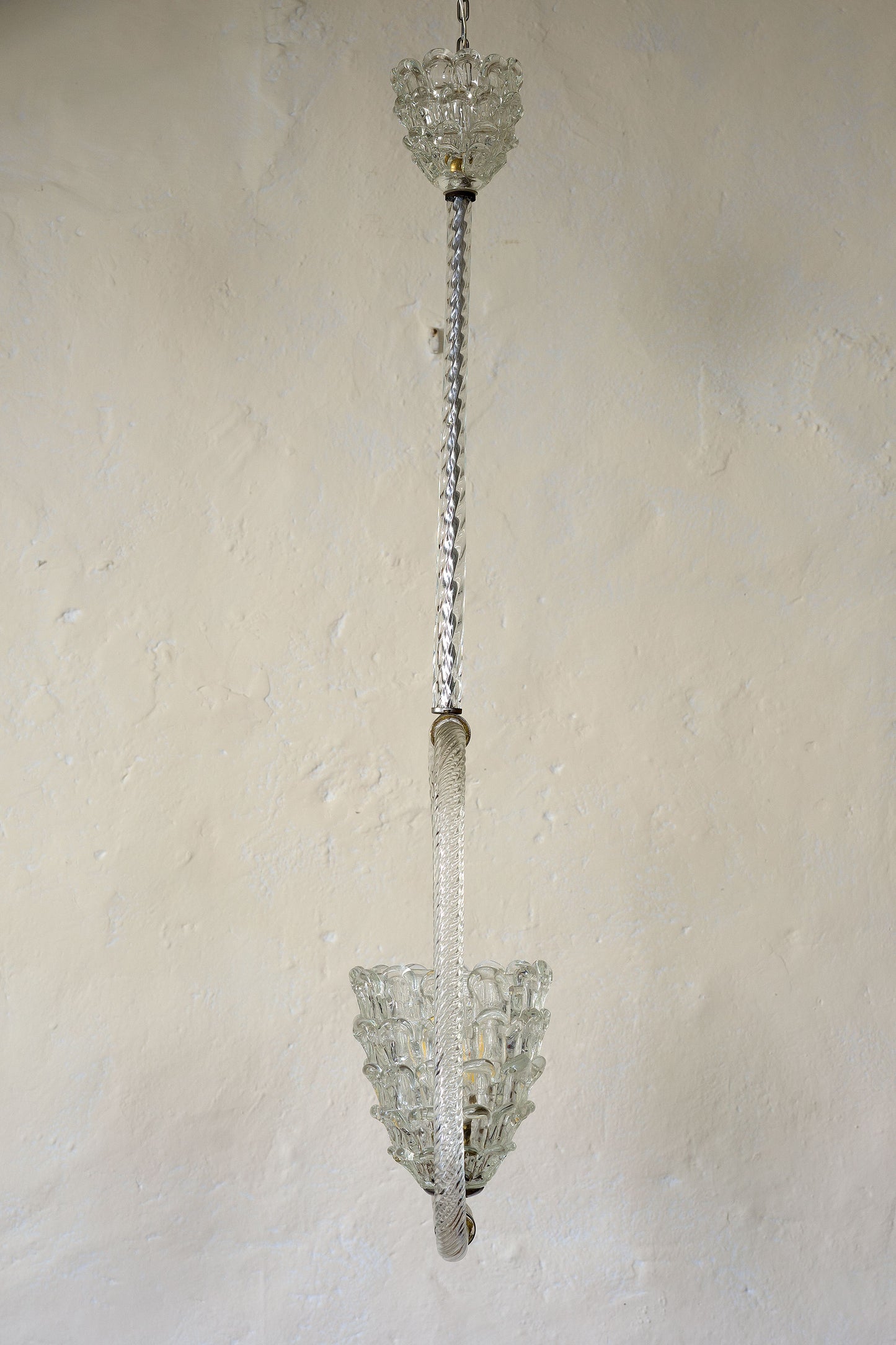 Lampadario anni 30 in vetro di Murano con coppa centrale e coppa copri filo da soffitto-Lo Stile Italiano