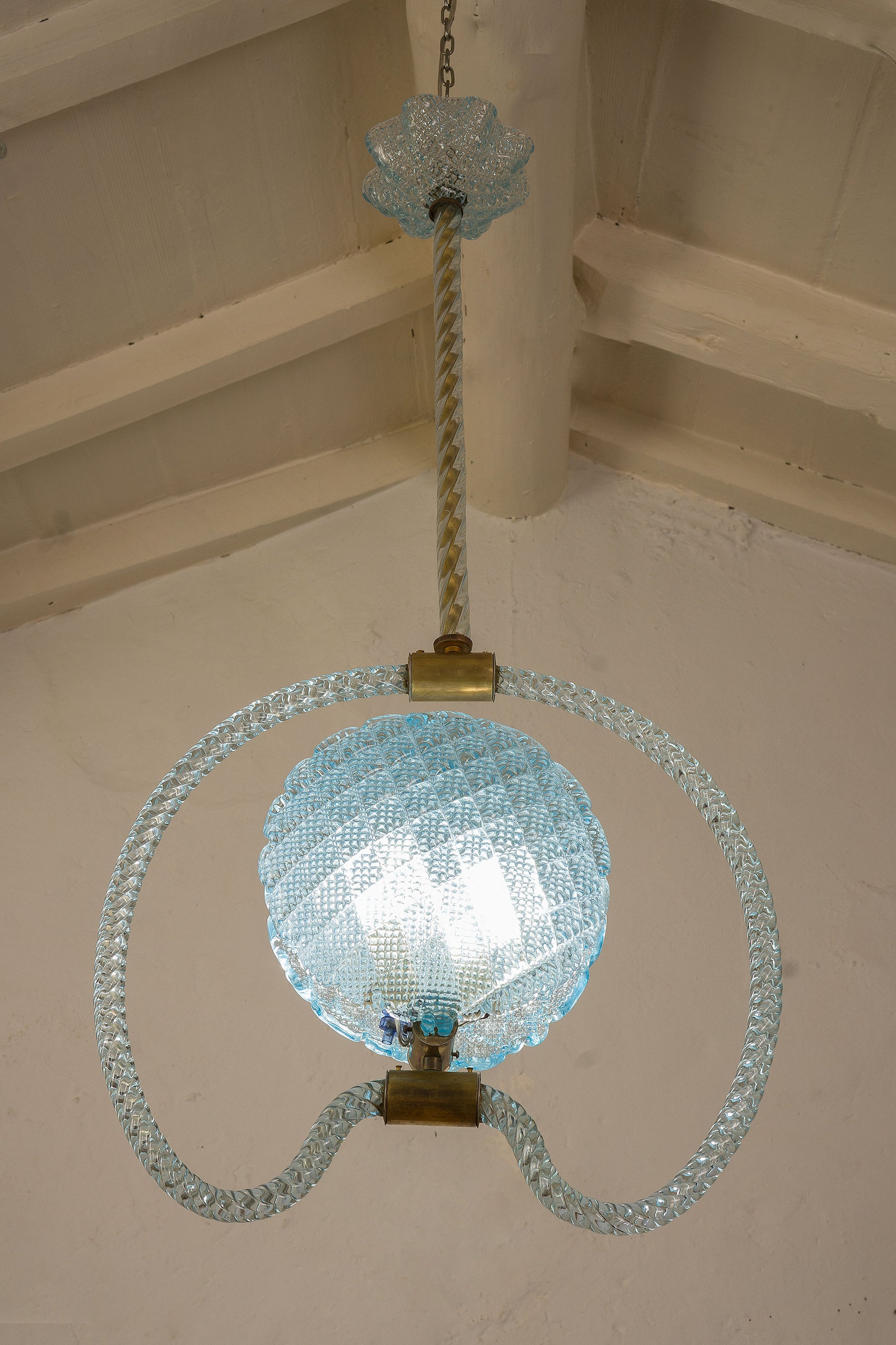 Lampadario Barovier & Toso in vetro veneziano di colore azzurro, periodo Art Déco-Lo Stile Italiano