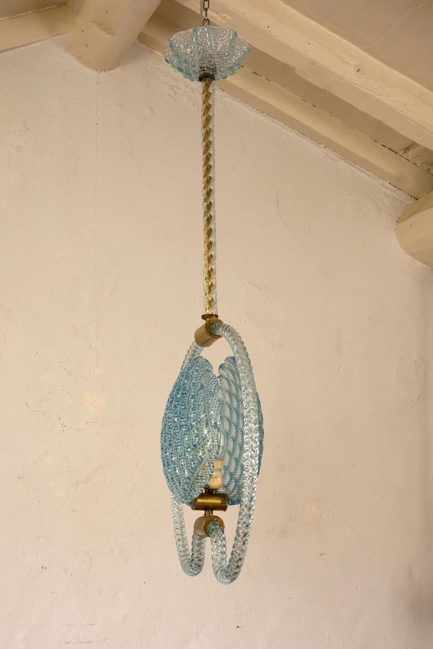 Lampadario in vetro cristallo veneziano di colore azzurro, designer Barovier & Toso risalente agli anni '30 periodo Art Déco-Lo Stile Italiano