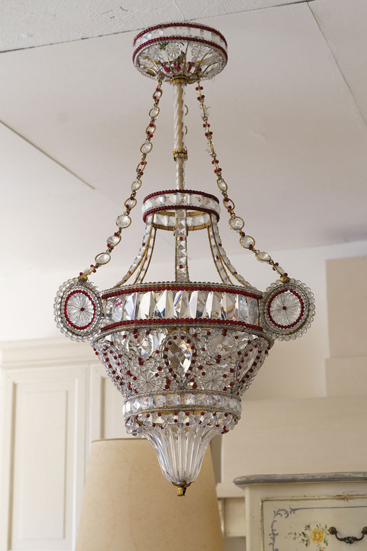 Grande lampadario a mongolfiera con fregi e gocce di cristallo colorato, 6 luci, anni 50-lo Stile Italiano