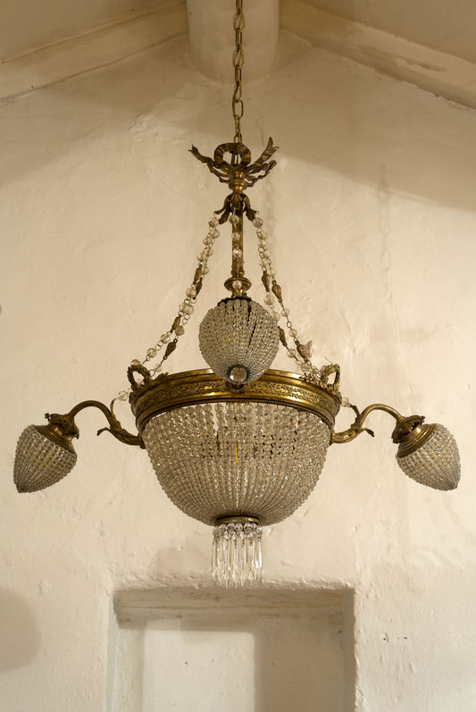 Lampadario Liberty (Art Nouveau) in cristallo, 4 luci, Italia primi '900-Lo Stile Italiano