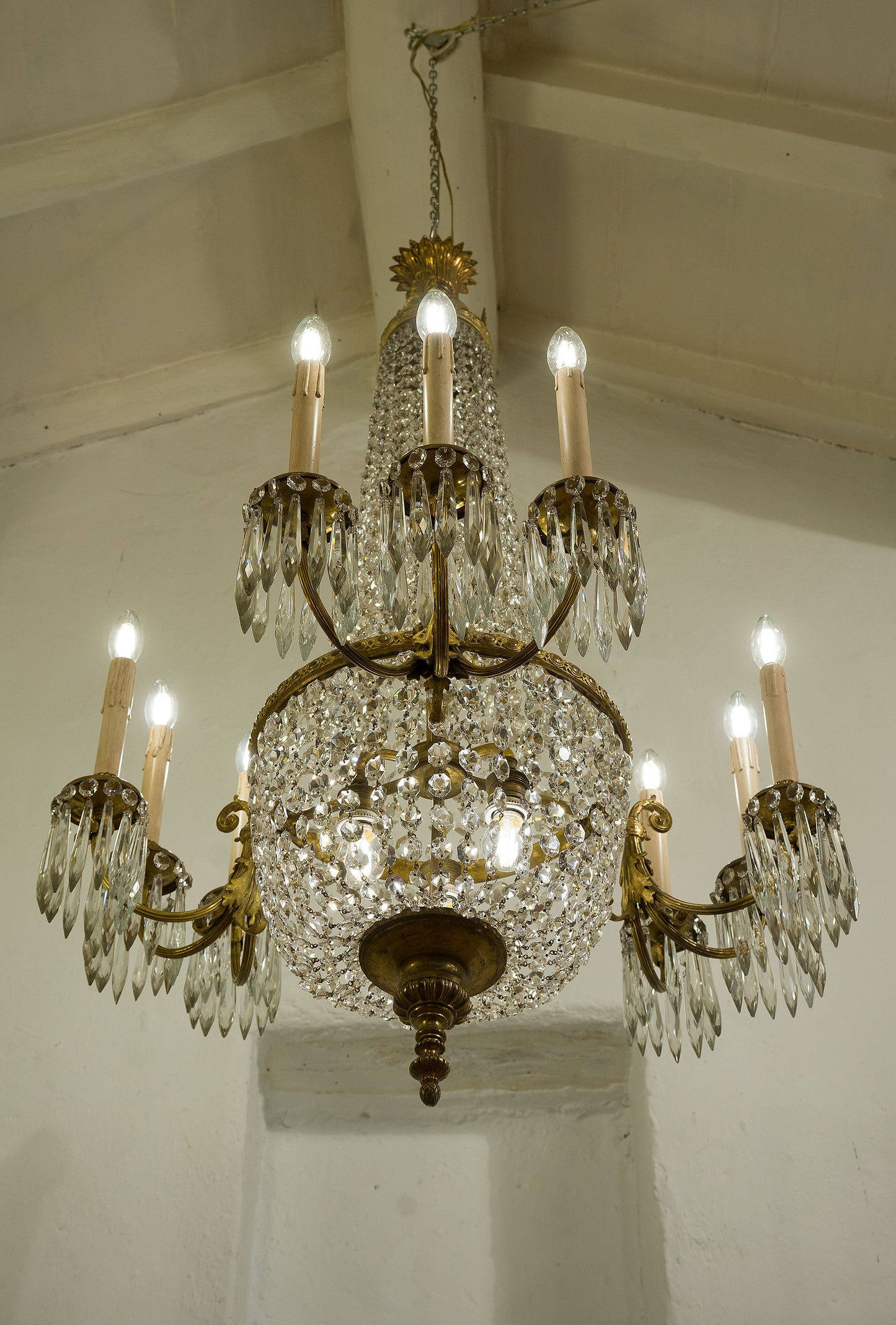 Lampadario di cristallo Antico, impero con candele di legno-Lo Stile Italiano