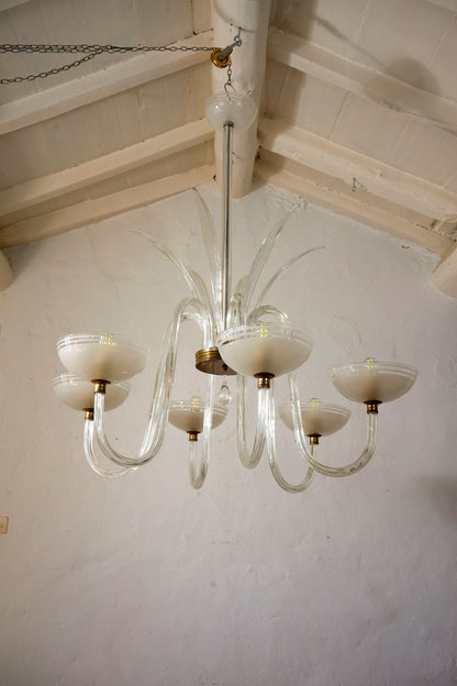 Lampadario importante Archimede Seguso con foglie in vetro trasparente, Lo Stile Italiano